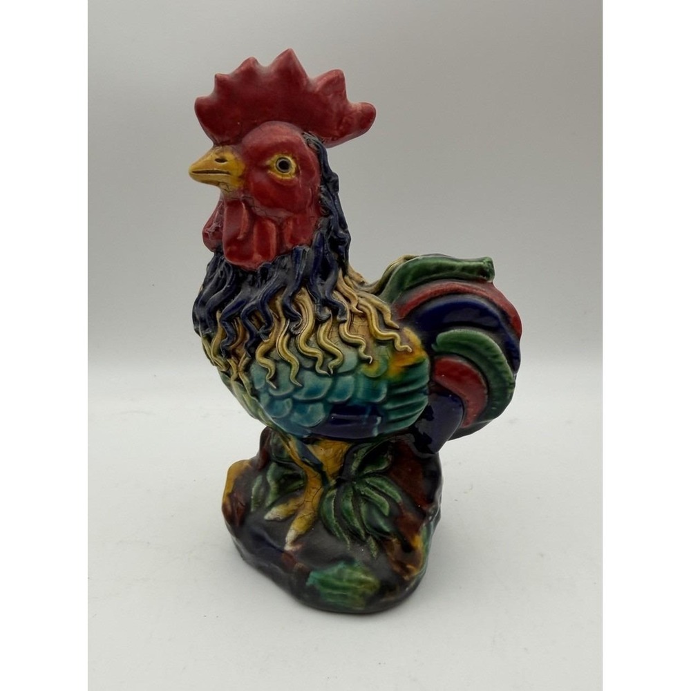 Vintage Colorful Rooster Figurine Ceramic Pottery Farmhouse‎ Decor 6"